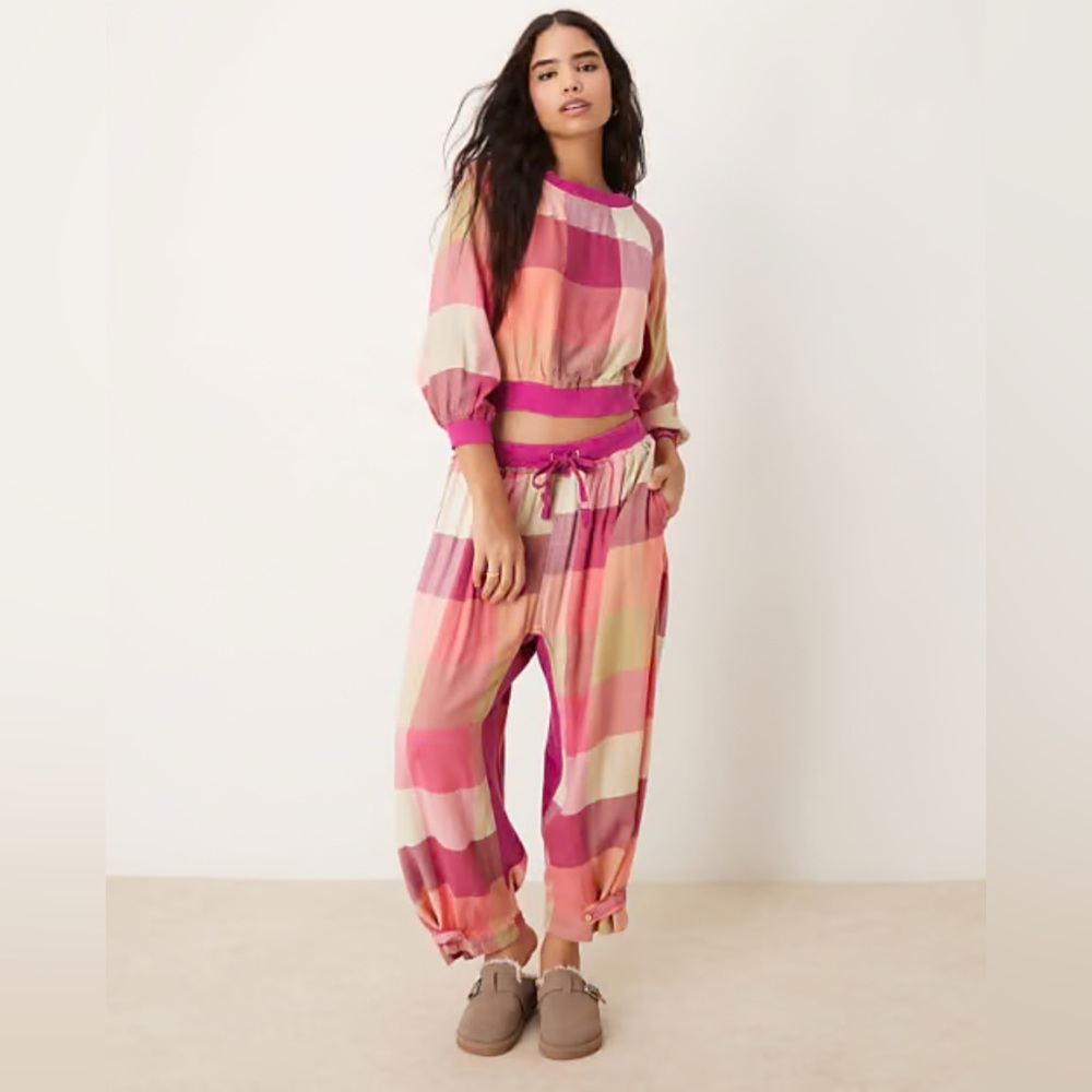 Free people pink plaid flannel cozy pajamas set new with tags womens medium